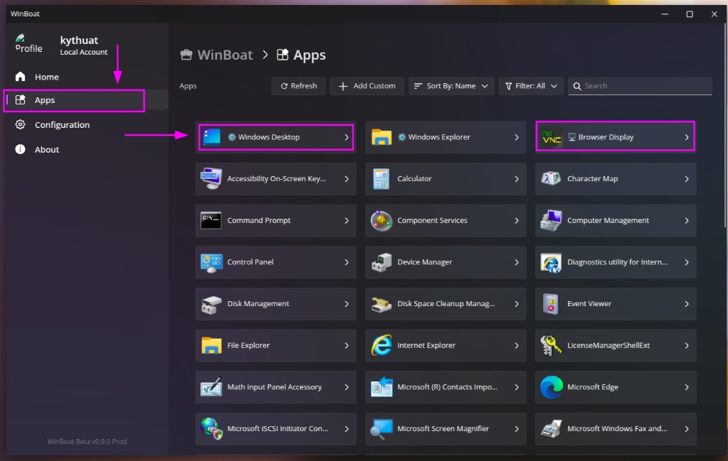 WinBoat Apps screen